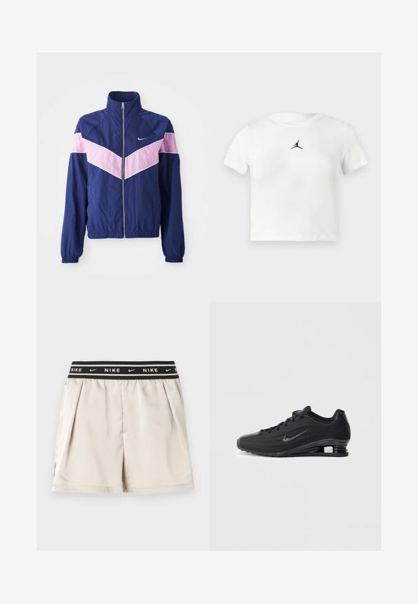 Navy sinapu säärjakk ku pinkide chevron-ribadega, lukuga ees, seisva kraega ja elastsete mansettidega. Kerge, sile materjal. Nike logo rinnal.; Valkoinen puuvillasta valmistettu lyhythihainen t-paita, jossa on musta Jumpman-logo keskellä. Lyhyet hihat ja pyöreä kaula-aukko, jolla on sileä pinta.; Vaaleanbeiget Nike-shortsit, joissa musta joustava vyötärönauha, valkoinen Nike-logo ja swoosh-kuviot, esitetty yksinkertaisella taustalla.; Musta Nike-tossu, jossa on teksturoitu päällinen, tyylikäs muotoilu, nauhallinen suljenta ja näkyvä ilmakenkä kantapäässä. Minimalistinen brändäystarra.