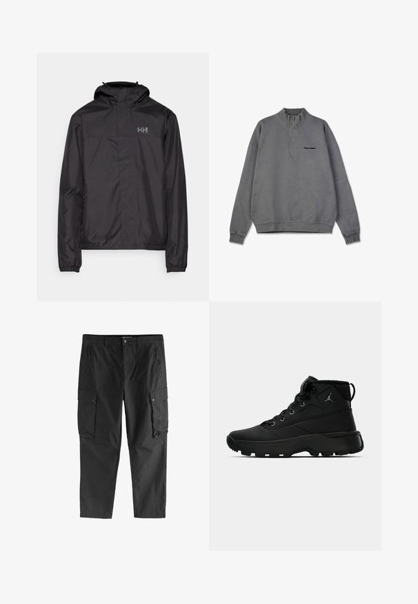 Helly Hansen VANCOUVER FLEECE LINED JACKET - Regenjas - black; Grijze sweater met lange mouwen, hoge kraag, halve rits, ribgebreide boorden en zoom, met een klein zwart logo op de borst.; Zwarte cargobroek met ritssluitingen op de voorzakken, knoopsluitingen op de zijflapzakken en riemlussen, weergegeven tegen een witte achtergrond.; Zwarte hoge sport sneakers met een gestructureerde synthetische bovenkant, voorzien van metalen oogjes, zwarte veters en een rubberen zool met patroon voor grip.