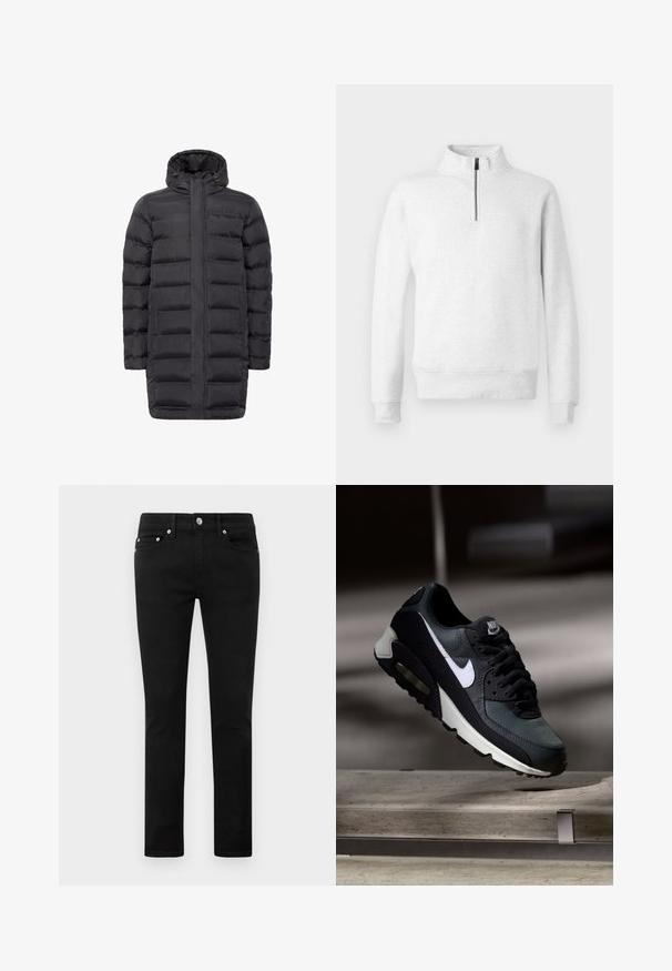Manteau rembourré noir avec un col haut, fermeture éclair à l'avant et deux poches latérales. Présente une silhouette droite et une texture matelassée. Matériau léger.; Pull en gris clair à manches longues avec un demi-zip à l'avant et un col haut, présenté sur un fond blanc uni.; Jeans slim fit noirs avec cinq poches, bouton en métal et passants de ceinture, présentés à plat sur un fond blanc.; Baskets Nike Air Max noires et grises avec un logo blanc, suspendues au-dessus d'une surface en béton sur un fond sombre flou.