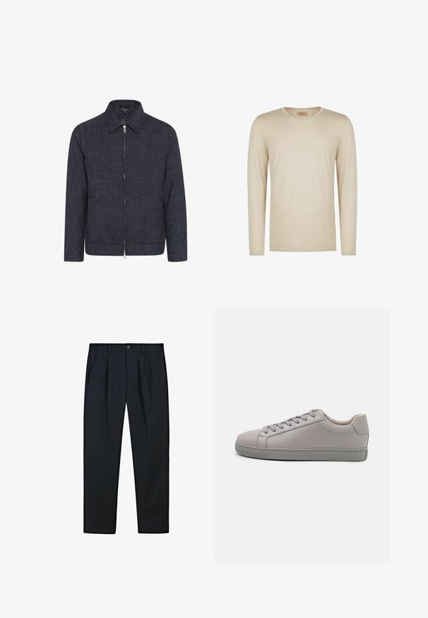 Dunkelblaues Zip-Jackett mit Kragen, aus strukturiertem Stoff. Verfügt über einen geraden Schnitt und einen elastischen Saum für einen taillierten Look.; Beige Langarmshirt aus weichem Stoff mit gerippter Textur und rundem Ausschnitt mit kontrastierendem Halsausschnitt. Minimalistisches Design.; Schwarze formelle Hose mit Knopf- und Reißverschluss, Seitentaschen, Gürtelschlaufen und geradem Bein auf weißem Hintergrund.; Graue Ledersneaker mit glatter Oberfläche, flachen Schnürsenkeln, abgerundetem Zehenbereich und einer kontrastierenden grauen Gummisohle. Minimalistisches Design und Textur.