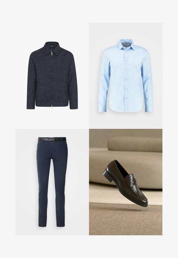 Dunkelblaues Zip-Jackett mit Kragen, aus strukturiertem Stoff. Verfügt über einen geraden Schnitt und einen elastischen Saum für einen taillierten Look.; Helles blaues Langarm-Hemd mit Knopfleiste, aus glattem Stoff gefertigt, mit spitzem Kragen, Vorderknopfleiste und abgerundetem Saum.; Marineblaue Baumwollhose im slim fit, mit einem strukturierten schwarzen Ledergürtel und klassischen Taschen. Schlichtes Design, ohne Muster.; Schwarzer Leder-Slipper, der über einem beigen Teppich schwebt, mit einem beigen Sofa im Hintergrund, und zeigt das klassische Herren-Design zum Hineinschlüpfen.