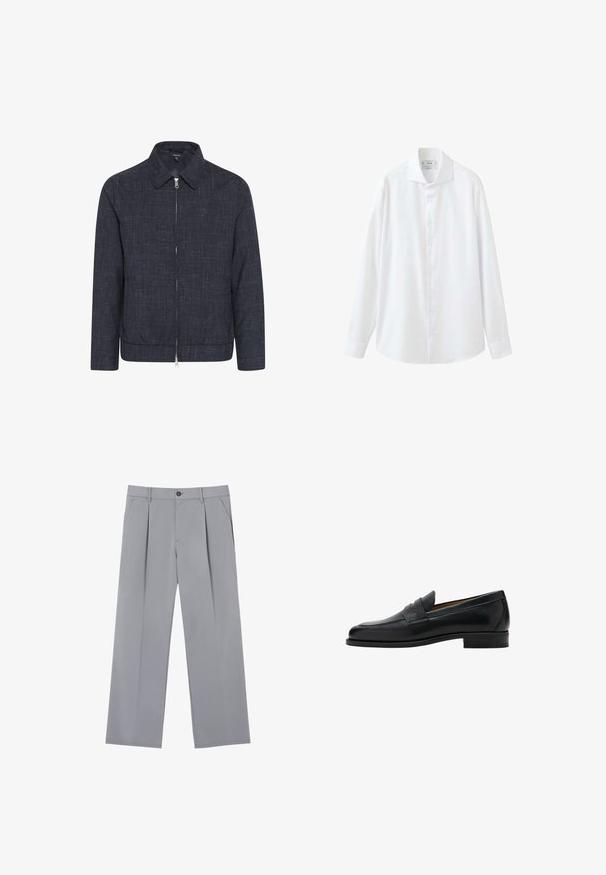 Dunkelblaues Zip-Jackett mit Kragen, aus strukturiertem Stoff. Verfügt über einen geraden Schnitt und einen elastischen Saum für einen taillierten Look.; Weißes Langarmhemd mit Knöpfen, spitzem Kragen und Manschetten, auf weißem Hintergrund dargestellt.; Grau gefaltete Hose mit entspannter Passform, aus leichtem Stoff gefertigt. Verfügt über Vordertaschen und einen Knopfverschluss an der Taille.; Schwarzer Leder-Pennyloafer mit niedrigem Absatz, abgerundeter Spitze und einem Riemen über dem oberen Teil des Schuhs.