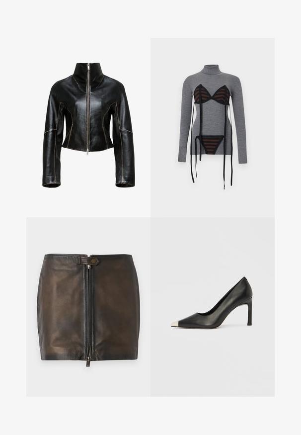 Chaqueta corta de cuero negra con cuello alto, cierre de cremallera en la parte frontal y costuras en beige contrastantes a lo largo de las costuras.; Jersey gris de cuello alto con canalé, con un conjunto superpuesto de sujetador y braguita a rayas negras y marrones, con largas cintas negras colgando.; Minifalda de cuero negro con cierre de cremallera frontal, textura suave y una cinturilla estrecha. Presenta un pequeño acento metálico en la cinturilla.; Zapato de tacón alto de cuero negro con punta en forma de pico y una tapa metálica plateada. Presenta un acabado suave y un tacón delgado de 10 cm.