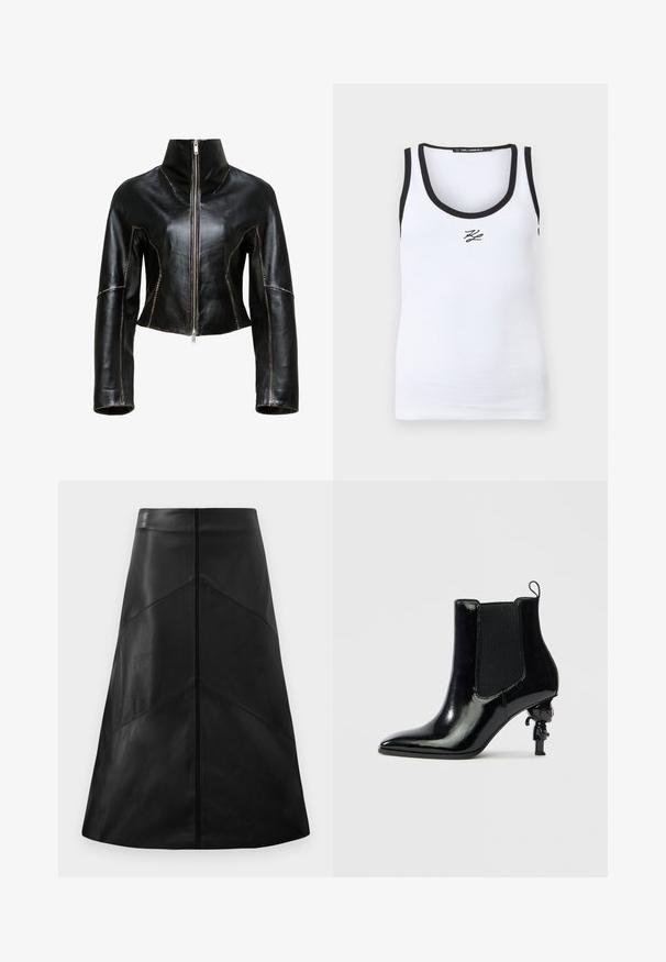 Chaqueta corta de cuero negra con cuello alto, cierre de cremallera en la parte frontal y costuras en beige contrastantes a lo largo de las costuras.; Camiseta sin mangas blanca acanalada con ribete negro en el escote y las sisas, con un pequeño logo negro "KL" centrado debajo del escote.; Falda negra de cuero en línea A con una textura suave, que presenta patrones de costura geométricos y un cierre oculto en la parte posterior.; Botín de charol negro con paneles laterales elásticos, punta afilada y un diseño único de tacón escultórico que presenta una pequeña figura.
