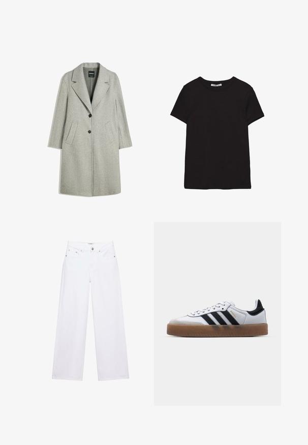 Manteau en laine gris clair avec revers en pointe, deux poches avant et fermeture à double bouton. Le tissu a une texture douce.; T-shirt noir en coton à manches courtes avec encolure ronde, coupe standard et étiquette intérieure visible au niveau du col.; Jean blanc taille haute à jambes larges avec fermeture à boutons et zip, poches avant et arrière, et détails en rivets argentés.; Baskets en cuir blanc avec des rayures noires, semelle extérieure en caoutchouc beige, bout rond, fermeture lacée et embout en suède gris doux.