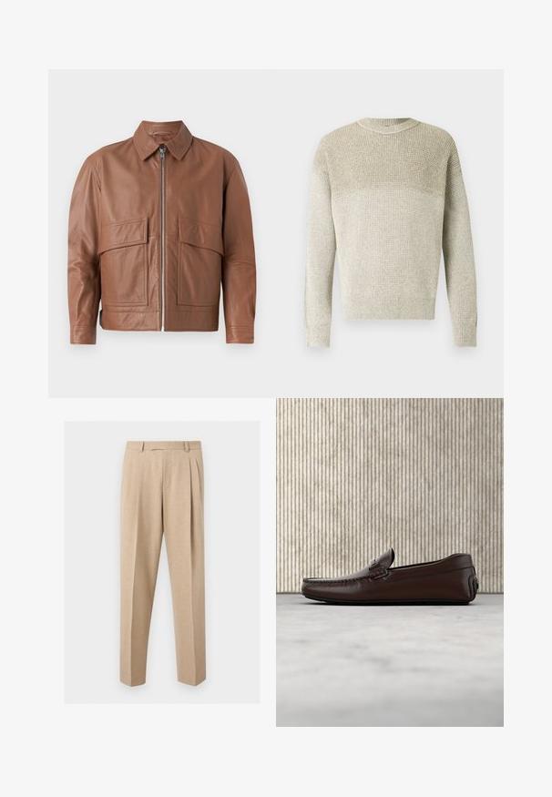 Chaqueta de cuero marrón con cuello, cremallera frontal y dos grandes bolsillos planos. Textura suave y diseño ligeramente corto.; Suéter de punto color beige claro con cuello redondo, que presenta un patrón texturizado, puños y dobladillo acanalados, y un sutil efecto degradado.; Pantalones beige a medida con pinzas delanteras, trabillas para el cinturón y perneras rectas, mostrados sobre un fondo claro y liso.; Mocasines de cuero marrón con un acabado suave, costura al estilo mocasín, puntera elevada y una suela de goma baja y flexible.