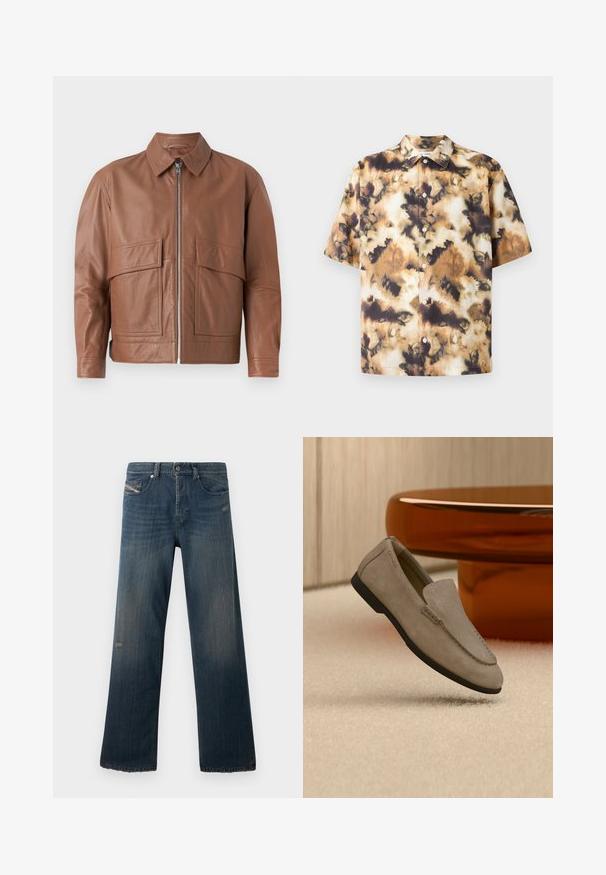 Ruskea nahkatakki, jossa on kaulus, etuvetoketju ja kaksi suurta litteää taskua. Sileä rakenne ja hieman lyhennetty muotoilu.; Samsøe Samsøe SAAYO SHIRT - Vapaa-ajan kauluspaita - collage cameo; Siniset farkut suoranlahkeisella muotoilulla, haalistuneella tekstuurilla, revityllä helmalla ja kuluneilla yksityiskohdilla etutaskussa ja reiden alueella.; Vaaleanruskeat mokkasiinit mustalla pohjalla, jotka lepäävät beigeä mattoa vasten heijastavan ruskean pyöreän pöydän edessä puuseinää vasten.
