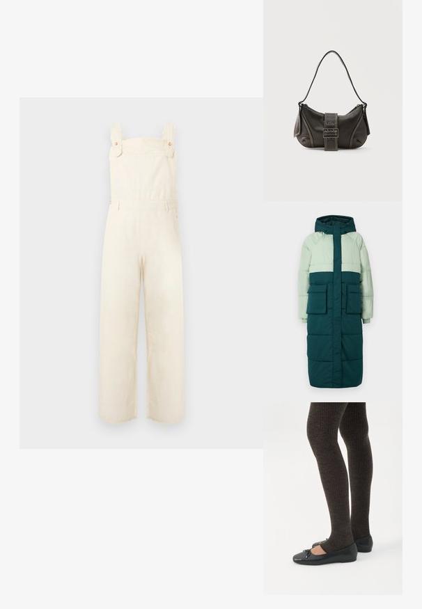 Puffjakke med hætte, har et farveblokeringsdesign i lys grøn og mørk teal, to frontlommer og ribbede manchetter.; Kremfarvede overallbukser med vide ben, frontlomme, justerbare skulderstropper og diskrete dekorative syninger.; Ben iført mørke ribbede leggings kombineret med sorte balletsko med små sløjfedetaljer på hvid baggrund.; Sort læder skuldertaske med spænde på remmen, afrundede kanter og kontrasterende hvide syninger på en ensfarvet baggrund.