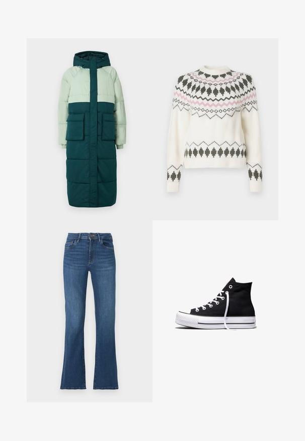 Puffjakke med hætte, har et farveblokeringsdesign i lys grøn og mørk teal, to frontlommer og ribbede manchetter.; Hvid strikket sweater med sorte og pink geometriske mønstre over brystet, ærmerne og kanten, med rund halsudskæring og ribbede manchetter.; Udsvingende blå denimjeans med høj talje, fem lommer og kontrastfarvet syning. Med knap- og lynlåslukning, let slidt tekstur.; Sort high-top canvas sneaker med hvid gummisål og hvide snørebånd, vist fra siden mod en hvid baggrund.