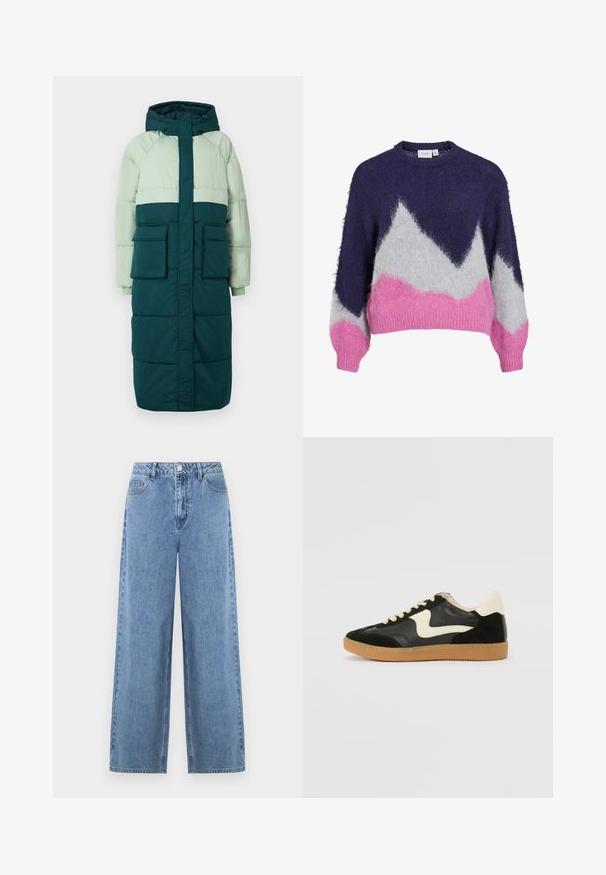 Puffjakke med hætte, har et farveblokeringsdesign i lys grøn og mørk teal, to frontlommer og ribbede manchetter.; Strikket trøje i marineblå, grå og pink med et geometrisk bjergmønster. Har en rund halsudskæring og lange, let puffede ærmer.; Lyseblå jeans med brede ben lavet af denim. Har høj talje, bæltestropper, forlommer og en enkelt baglomme. Glat tekstur.; Sorte ruskinds- og lædersneakers med en cremefarvet side-swoosh og lys cremefarvet hæl. Har beige snørebånd og en gummirubber-sål.