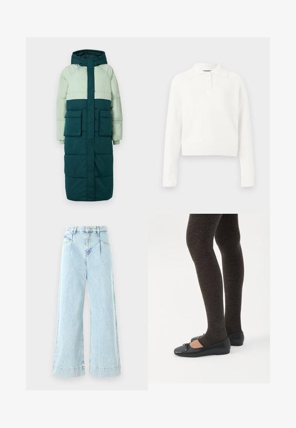Puffjakke med hætte, har et farveblokeringsdesign i lys grøn og mørk teal, to frontlommer og ribbede manchetter.; Hvid ribbede strikket langærmet polo-sweater med krave og treknap lukning, der har et cropped design og blød tekstur.; Lyseblå vidbenede jeans lavet af denim, med høj talje, forlommer og syede detaljer ved kanten.; Ben iført mørke ribbede leggings kombineret med sorte balletsko med små sløjfedetaljer på hvid baggrund.