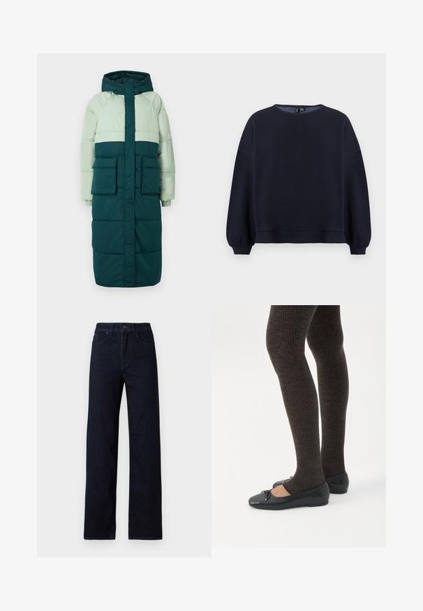 Puffjakke med hætte, har et farveblokeringsdesign i lys grøn og mørk teal, to frontlommer og ribbede manchetter.; Marinblå sweatshirt med rund halsudskæring, drop shoulders og samlede manchetter. Glat tekstur med en afslappet pasform og ribbet kant.; Mørkeblå denim jeans med lige ben, der har fem lommer, en frontlukning med knap og en subtil tekstur uden udsmykninger.; Ben iført mørke ribbede leggings kombineret med sorte balletsko med små sløjfedetaljer på hvid baggrund.
