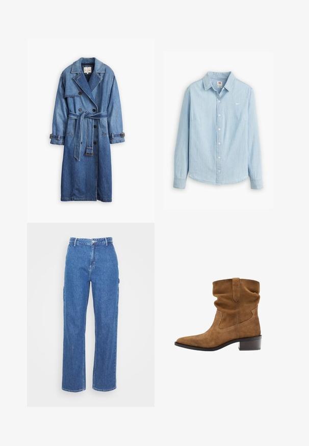 Trench-coat en denim bleu moyen avec un design à double boutonnage, taille ceinturée, col à revers et poignets boutonnés.; Chemise boutonnée bleu clair en denim doux. Dotée d'un col classique et de manches longues, avec un petit logo sur la poitrine.; Pantalons en denim bleu taille haute avec une coupe droite, comportant une fermeture à bouton sur le devant et des poches latérales. Texture lisse et sans motifs visibles.; Botte mi-mollet en daim marron avec tige souple, bout pointu, languette et talon bas empilé, sur fond blanc.