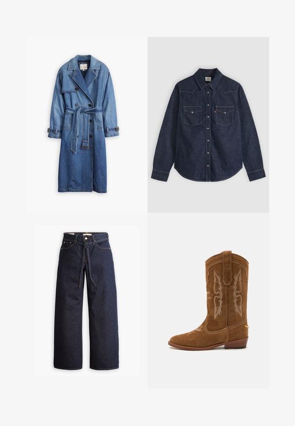 Trench-coat en denim bleu moyen avec un design à double boutonnage, taille ceinturée, col à revers et poignets boutonnés.; Chemise en denim bleu foncé à manches longues avec col pointu, boutons-pression à l'avant et deux poches poitrine à boutons avec surpiqûres contrastées.; Jeans en denim bleu foncé à jambes larges, avec une taille haute, dotés d'un lien à cordon, de cinq poches et de détails de couture contrastants.; Bottes de cowboy en suède marron avec une broderie blanche intricate, bout pointu et talon empilé. Présente des motifs décoratifs sur la tige.