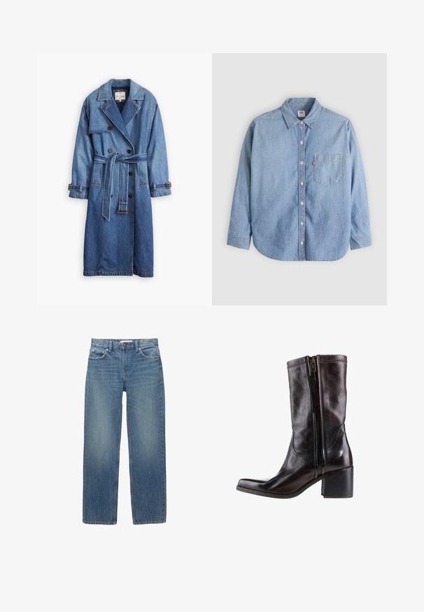 Trench-coat en denim bleu moyen avec un design à double boutonnage, taille ceinturée, col à revers et poignets boutonnés.; Chemise en denim bleu clair avec col boutonné, poche avant et manches longues. Caractérisée par un ourlet arrondi et une texture subtile.; Jeans en denim bleu clair à coupe droite, avec cinq poches et des éléments en métal de couleur cuivrée. Le tissu présente une légère décoloration et une texture douce.; Botte mi-mollet en cuir noir avec fermeture éclair latérale, talon bloc et bout pointu, vue de profil extérieur sur fond blanc.