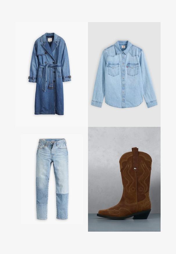 Trench-coat en denim bleu moyen avec un design à double boutonnage, taille ceinturée, col à revers et poignets boutonnés.; Chemise en denim bleu clair à manches longues avec fermeture par boutons, deux poches poitrine à rabats et un col classique pointu sur fond gris.; Jean en denim bleu clair avec un design de panneaux unique, combinant différentes teintes et textures. Style classique à cinq poches avec fermeture éclair.; Botte de cowboy en daim marron avec des coutures décoratives et un emblème de drapeau sur la tige, posée sur un sol en lattes de bois à l'extérieur.