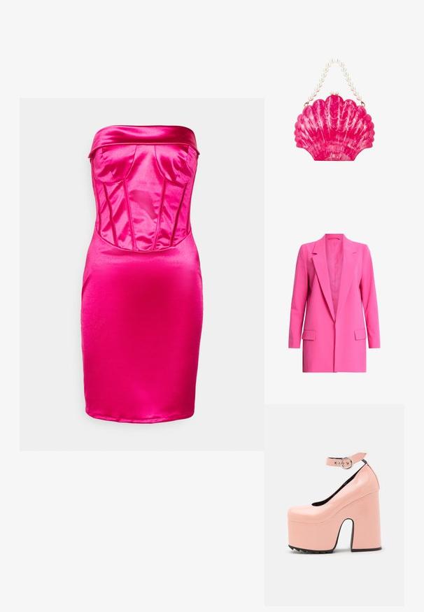 Fuchsia roze blazer met een gekartelde revers, sluiting met één knoop en twee voorklopjes, gemaakt van een gladde stof met een getailleerde pasvorm.; WAL G. MILLA CORSET - Cocktailjurk - fuchsia; LAMODA POWER TRIP CHUNKY PLATFORM - Klassieke pumps - pink; Felroze handtas in schelpvorm met een gemarmerd patroon en een handvat van grote witte parels.