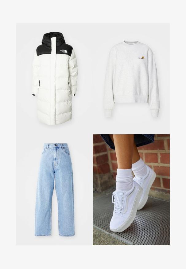 Abrigo largo y esponjoso de color blanco con capucha negra y panel superior, que cuenta con una cremallera frontal, bolsillos laterales y un logotipo en el pecho.; Sudadera gris de cuello redondo en una tela suave con puños y dobladillo de punto; presenta un logo bordado en el pecho en amarillo y burdeos.; Jeans de mezclilla de tiro alto en color azul claro, con piernas rectas y anchas, cierre frontal con botón y cremallera, y bolsillos delanteros y traseros.; Zapatillas de lona blancas con suelas de goma, que presentan seis ojales, puntera redonda y detalles de costura ligera, combinadas con calcetines blancos hasta el tobillo.