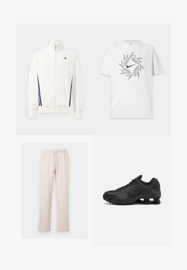 Weiße Zip-Up-Jacke aus glattem Material mit marineblauen Seitenelementen. Hoher Kragen und Logo auf der linken Brust. Normale Passform.; Weißes kurzärmeliges Nike T-Shirt mit schwarzem abstraktem kreisförmigem Design und zentralem Nike-Swoosh-Logo auf der Vorderseite.; Hellbeige Nike Sweatpants mit elastischem Bund und Kordelzug, geraden Beinen und kleinem weißen Nike-Logo am linken Oberschenkel.; Schwarze Laufschuhe mit einem glatten synthetischen Obermaterial, durchbrochenen Akzenten, strukturierten Seitenpaneelen und einer ausgeprägten federnden Sohle.