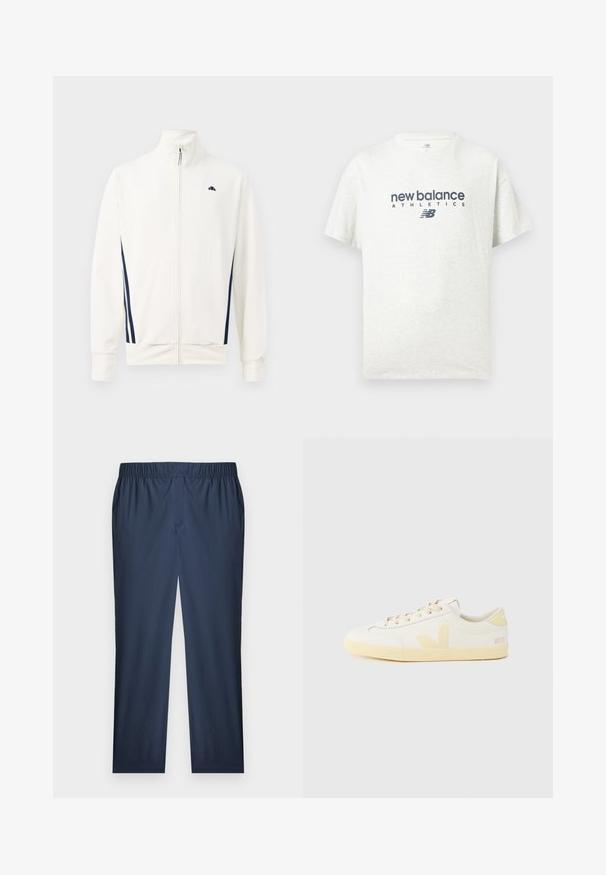 Witte zip-up jas van gladde stof met marineblauwe zijstrepen. Hoge kraag en logo op de linkerborst. Standaard pasvorm.; Witte T-shirt met korte mouwen en ronde hals, bedrukt met "new balance ATHLETICS" en het "NB" logo in donkerblauw op het midden aan de voorkant.; Recht gesneden broek met elastische taille in marineblauw, gemaakt van een subtiel gestructureerde stof en een vlakke voorkant.; Witte leren sneakers met een gele rubberen zool, voorzien van een minimalistisch ontwerp, een afgeronde neus en een logo-accent aan de zijkant en hiel.