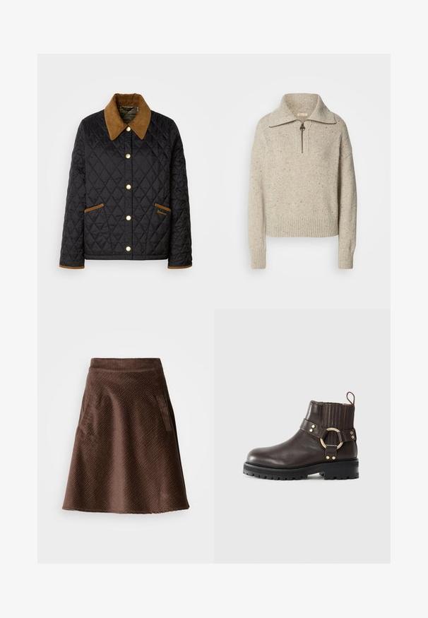 Schwarze gesteppte Jacke mit einem braunen Cordkragen, goldenen Druckknöpfen und akzentuierten Taschen. Mit einem Rautenmuster und einem Logoschild.; Beige gestrickter Pullover mit hohem Kragen, Reißverschluss und gerippten Bündchen und Saum. Die Textur weist Stellen dunklerer Fasern auf.; Brauner Cord-Rock mit ausgestellter Form, der eine strukturierte Oberfläche, diagonale Rillen und zwei seitliche Taschen aufweist.; Braune Leder-Ankle-Boots mit elastischen Seitenpaneelen, goldfarbenem Ringakzent und robuster schwarzer Sohle. Verfügt über eine Brogue-Verzierung im oberen Bereich.