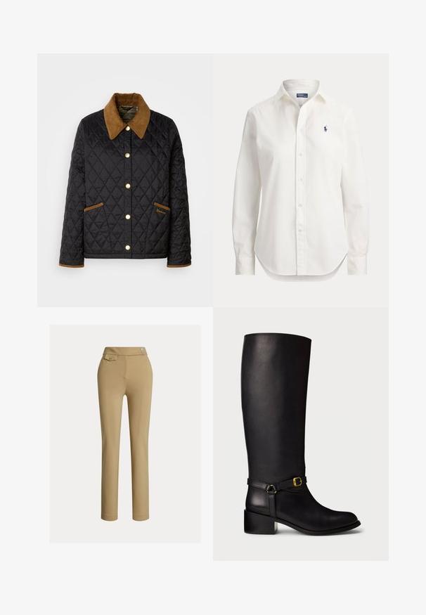 Zwarte gewatteerde jas met een bruine corduroy kraag, gouden drukknoopsluiting en accentzakken. Heeft een ruitpatroon en logo-details.; Witte blouse met lange mouwen, knopen, kraag en klein blauw logo van een polospeler op de linkerborst.; Beige slim-fit vrouwenbroek met hoge taille, twee knopen aan de zijkant en een klein knoopsluiting flapzakje nabij de tailleband.; Zwarte leren kuitlange laarzen met een lage blokhak en een decoratieve band met een kleine gouden gesp op de enkel.