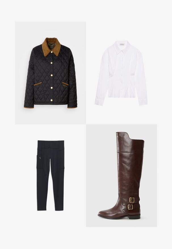 Schwarze gesteppte Jacke mit einem braunen Cordkragen, goldenen Druckknöpfen und akzentuierten Taschen. Mit einem Rautenmuster und einem Logoschild.; Weiße Bluse mit langen Ärmeln, klassischem Kragen, vorderer Knopfleiste und gerafftem Seitendetail. Glattes Material mit taillierter Form.; Aigle DRY FAST - Leggings - Hosen - black; Braune Leder-Knöchelstiefel in kniehoher Höhe mit runder Zehenform, ausgestattet mit zwei goldfarbenen Schnallen am Knöchel und einer glatten, polierten Oberfläche.