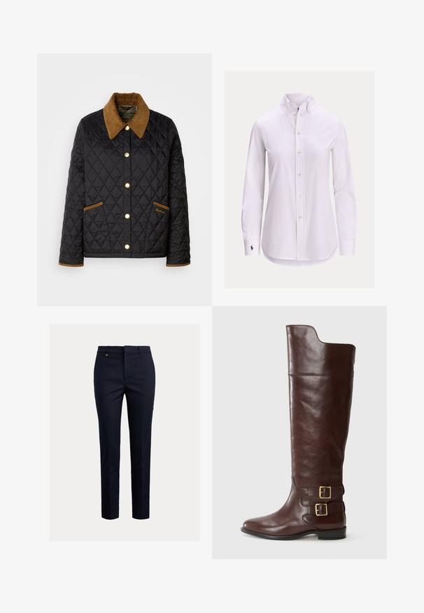 Zwarte gewatteerde jas met een bruine corduroy kraag, gouden drukknoopsluiting en accentzakken. Heeft een ruitpatroon en logo-details.; Witte blouse met lange mouwen, knoopsluiting, een knoopsluitkraag en een klein geborduurd logo op de linkermanchet.; Marineblauwe chino's gemaakt van een katoenmix met een taps toelopende pasvorm, een vlakke voorkant, zijzakken en een enkele achterzak; voorzien van een klein goudkleurig logo.; Bruine leren kniehoge laars met een afgeronde neus, voorzien van twee goudkleurige gespen bij de enkel en een gladde, gepolijste textuur.