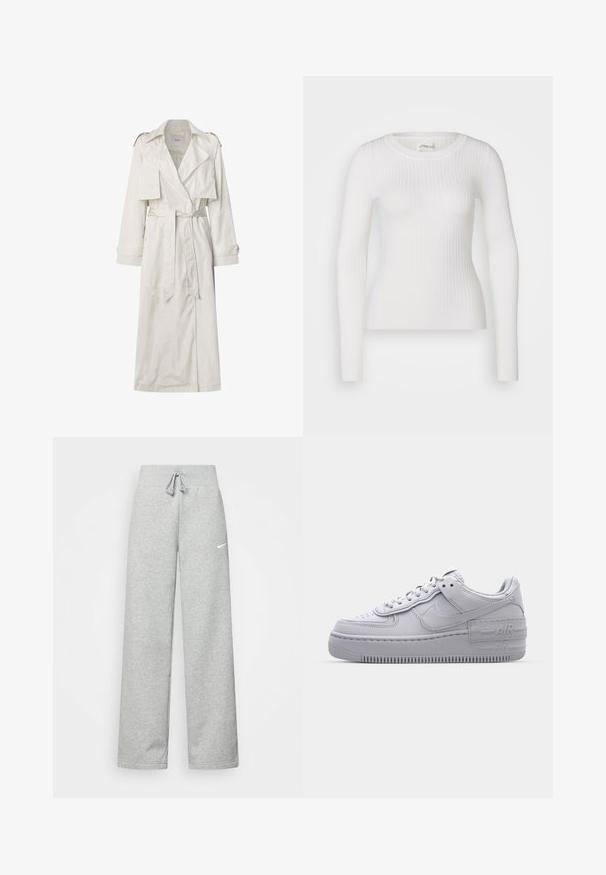 Lange beige trenchcoat van lichtgewicht stof. Heeft brede revers, een riem in de taille, en knoopmanchetten met zijzakken.; Witte lange mouwen geribbelde top met een ronde hals. De stof is soepel, met een subtiele textuur en een aansluitend ontwerp. Geen zichtbare hardware of patronen.; Grijze sweatpants met een elastische tailleband, een trekkoord-detail en een klein wit Nike-logo op de linkerdij. Zachte stof, losvallend.; Grijze Nike Air Force 1 sneaker met geperforeerde neus, glad leren bovenwerk, dikke zool en verhoogde 'AIR' details op de hiel.