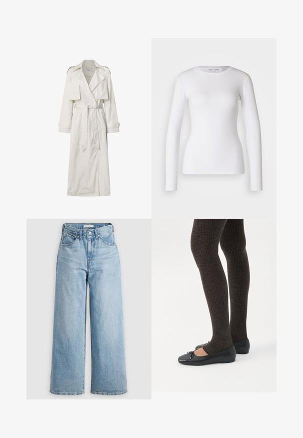 Lange beige trenchcoat van lichtgewicht stof. Heeft brede revers, een riem in de taille, en knoopmanchetten met zijzakken.; Witte longsleeve shirt van ribstof, met een ronde halslijn en een getailleerde vorm. Er zijn geen patronen of accenten aanwezig.; Lichtblauwe wijde spijkerbroek met hoge taille, gemaakt van denimstof. Voorzien van een klassieke vijf-pocketontwerp en metalen hardware.; Benen met donkere geribbelde leggings gecombineerd met zwarte ballerina's met kleine strikdetails op een witte achtergrond.