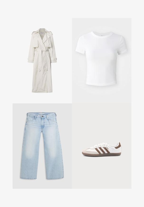 Langer beiger Trenchcoat aus leichtem Stoff. Verfügt über breite Revers, eine taillierte Passform mit Gürtel, sowie knöpfbare Manschetten und seitliche Taschen.; Weißes, kurzärmeliges, cropped T-Shirt mit Rundhalsausschnitt, auf einem neutralen, hellen Hintergrund präsentiert.; Helle blaue weite Jeans aus Denim. Mit geradem Schnitt, Fünf-Taschen-Design und einem Knopfverschluss am Bund.; Weißer Adidas Samba Sneaker mit braunen Wildlederstreifen, brauner Gummisohle und beiger Wildlederkappe, von der Außenseite auf schlichtem Hintergrund gezeigt.
