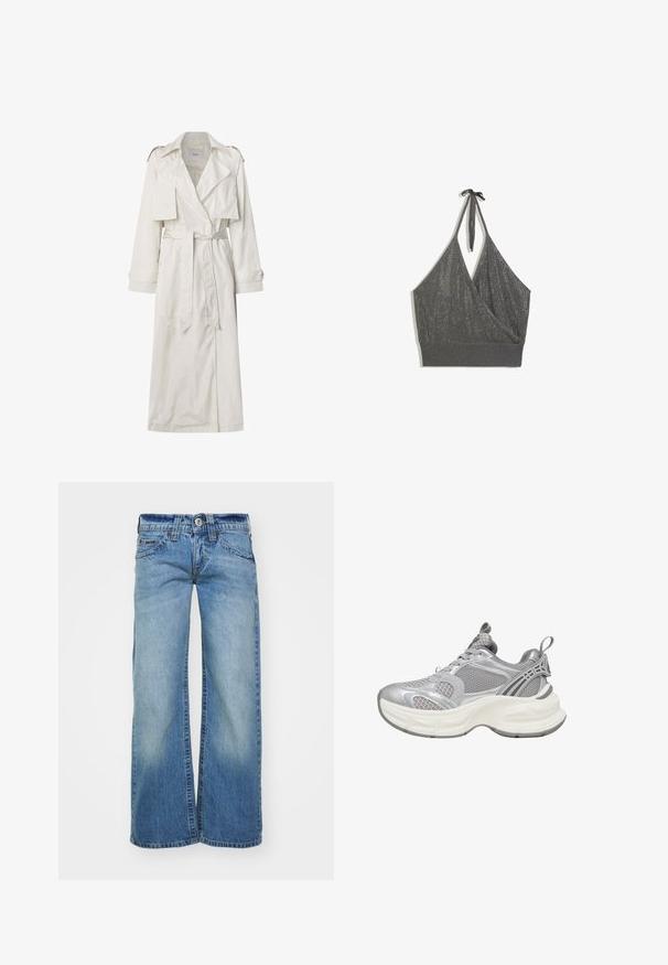 Langer beiger Trenchcoat aus leichtem Stoff. Verfügt über breite Revers, eine taillierte Passform mit Gürtel, sowie knöpfbare Manschetten und seitliche Taschen.; Graues Neckholder-Strick-Crop-Top mit Wickel-Front und breitem geripptem Saum vor weißem Hintergrund.; Hellblaue weit geschnittene Jeans aus Denim-Stoff mit einer ausgewaschenen Optik, fünf Taschen und einem Knopfverschluss mit Gürtelschlaufen.; Silberne Sportsneaker mit Mesh-Obermaterial, abgerundeter Sohle, strukturierten Details und verstärkten Akzenten für zusätzlichen Halt.