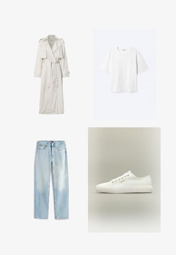 Langer beiger Trenchcoat aus leichtem Stoff. Verfügt über breite Revers, eine taillierte Passform mit Gürtel, sowie knöpfbare Manschetten und seitliche Taschen.; Weißes T-Shirt mit kurzen Ärmeln und Rundhalsausschnitt mit geradem Saum, innen mit gebrandetem "WEEKDAY"-Label am Kragen.; Hellblaue, gerade geschnittene Jeans mit fünf Taschen, Reißverschluss und einem kleinen Tommy Hilfiger Logo auf dem vorderen Bund und der Münztasche.; Weißer Low-Top Canvas-Sneaker mit strukturierter Gummisohle, weißen Schnürsenkeln und kleinem Calvin Klein-Label an der Seite.