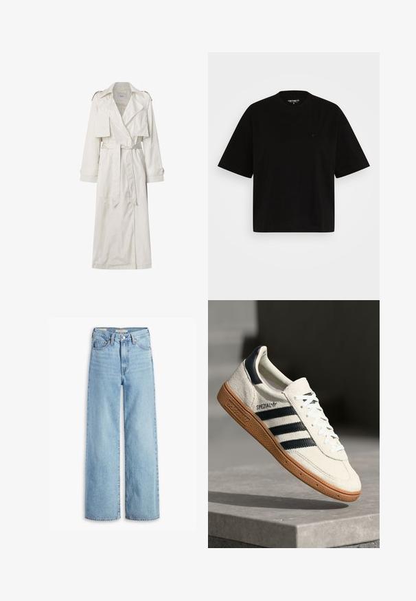 Lang beige trenchcoat lavet af letvægtsstof. Har brede revers, en bælte i taljen og knapmanchetter med sidelommer.; Sort bomulds t-shirt med en afslappet pasform, korte ærmer, rund halsudskæring og en lille logodetalje på venstre bryst.; Højtaljede, lyseblå, vide bukser med knap og lynlås fortil, bæltestropper og fem lomme-stil.; Hvide ruskinds sneakers med marineblå striber, gummisål, struktureret overdel, rund tå og snøring; har branding på siden og tungen.