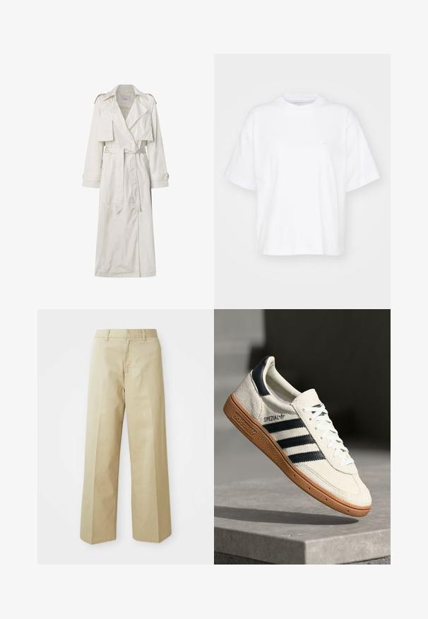 Lang beige trenchcoat lavet af letvægtsstof. Har brede revers, en bælte i taljen og knapmanchetter med sidelommer.; Hvid bomulds t-shirt med rund hals, korte ærmer og en afslappet pasform. Har et diskret logo på venstre brystområde. Glat tekstur.; Beige vide bukser lavet af bomuld med en glat tekstur. Har en lige pasform, bæltestropper og skrå lommer.; Hvide ruskinds sneakers med marineblå striber, gummisål, struktureret overdel, rund tå og snøring; har branding på siden og tungen.