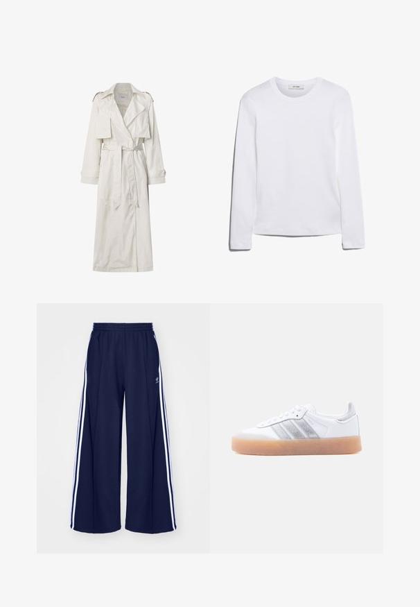 Lang beige trenchcoat lavet af letvægtsstof. Har brede revers, en bælte i taljen og knapmanchetter med sidelommer.; Langærmet hvid T-shirt lavet af ribbet bomuld, med rund halsudskæring og lige kant. Simpelt design uden mønstre eller accenter.; adidas Originals PANT - Træningsbukser - night indigo; Hvid lavtop-sneaker med gum-gummisål, sølvstribede sideaccents og snørelukning, vist mod en ensfarvet lys baggrund.