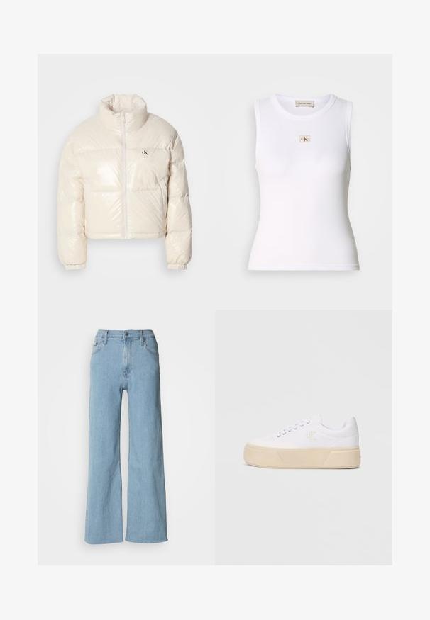 Veste en duvet cintrée en matériau blanc cassé brillant, dotée d'un col haut, d'une fermeture éclair à l'avant et d'un petit logo noir sur la poitrine gauche.; Débardeur blanc côtelé sans manches avec étiquette Calvin Klein Jeans sur la poitrine et étiquette intérieure au niveau du cou.; Jeans en denim bleu clair à jambes larges, avec une taille cintrée, un design à cinq poches et des détails de couture subtils.; Baskets blanches en toile avec une semelle plateforme beige épaisse, présentant un logo brodé discret sur le côté et un design classique à lacets.