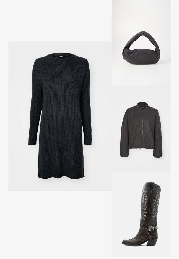 Veste bomber gris foncé avec une fermeture éclair à l'avant, un col pressionné et une taille élastiquée. Présente des manches surdimensionnées et une poche zippée sur le bras gauche.; Robe en tricot côtelé gris foncé, à manches longues, avec un col rond et une coupe décontractée. L'ourlet est légèrement arrondi.; Botte de cowboy en cuir noir avec découpes décoratives, boucle argentée et talon incliné, présentée sur fond blanc.; Sac en tissu gris foncé avec une anse courbée, texture douce et forme arrondie. Pas de matériel ou d'embellissements visibles.