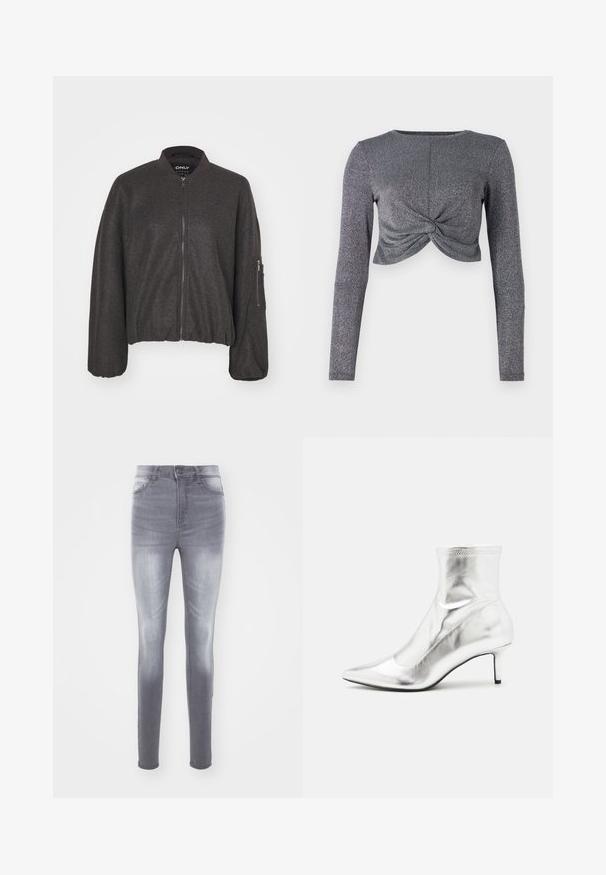 Veste bomber gris foncé avec une fermeture éclair à l'avant, un col pressionné et une taille élastiquée. Présente des manches surdimensionnées et une poche zippée sur le bras gauche.; Top court à manches longues argenté avec un design en avant torsadé, présentant un tissu texturé et pailleté pour plus d'éclat et de dimension.; Jean skinny en denim gris délavé, présentant une taille haute, un design standard à cinq poches et un léger effet de décoloration sur le devant.; Bottine métallique argentée avec un bout pointu et un talon fin. Présente un ajustement snug et une texture lisse et brillante. Accent de couture en haut.