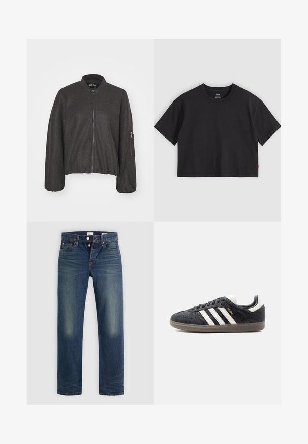 Veste bomber gris foncé avec une fermeture éclair à l'avant, un col pressionné et une taille élastiquée. Présente des manches surdimensionnées et une poche zippée sur le bras gauche.; T-shirt noir court à manches courtes avec col rond et petite étiquette rouge Levi's sur la couture latérale, posé à plat sur un fond gris clair.; Jean en denim bleu avec un design classique à jambe droite, fermeture à bouton, et légère décoloration au niveau des cuisses. Pas d'ornements visibles.; Baskets Adidas Samba noires avec des bandes blanches, semelle en gomme et texte doré "Samba" sur le côté, vues de profil gauche sur fond uni.