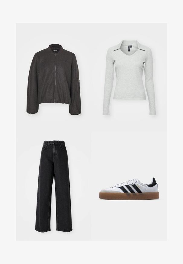 Veste bomber gris foncé avec une fermeture éclair à l'avant, un col pressionné et une taille élastiquée. Présente des manches surdimensionnées et une poche zippée sur le bras gauche.; Haut gris clair à manches longues, en V avec col, fabriqué dans un tissu doux et texturé, présentant une coupe ajustée et un minimum de détails.; Jean en denim noir à taille haute et jambes larges, avec un design classique à cinq poches et des détails de couture subtils.; Baskets en cuir blanc avec des rayures noires, semelle extérieure en caoutchouc beige, bout rond, fermeture lacée et embout en suède gris doux.