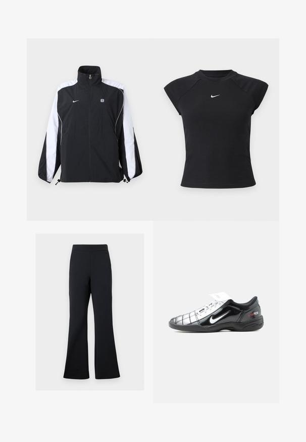 Αθλητικό μπουφάν Nike σε ασπρόμαυρο με πλήρες φερμουάρ μπροστά, ψηλό γιακά και λογότυπο στο αριστερό στήθος και ρίγες στα μανίκια.; Μαύρο κοντομάνικο τοπ με ριμπ υφή, με στρογγυλή λαιμόκοψη και μικρό λευκό λογότυπο Nike στο στήθος.; Μαύρο φαρδύ παντελόνι φτιαγμένο από μαλακό ύφασμα με ελαστική μέση και διακριτική λεπτομέρεια πλαϊνής τσέπης, με λεία υφή και μινιμαλιστικό σχεδιασμό.; Μαύρο και άσπρο χαμηλό παπούτσι ποδοσφαίρου Nike Total 90 III με κορδόνια και κόκκινο λογότυπο στη φτέρνα, εμφανιζόμενο από την εξωτερική πλευρά.