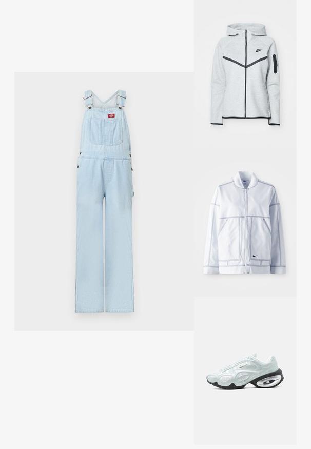 Weiße Nike-Jacke mit Reißverschluss vorne, hohem Kragen, auffälligen Nähten, zwei Fronttaschen und einem kleinen schwarzen Logo an der unteren Vorderseite.; Hellblaue Jeans-Latzhose mit verstellbaren Trägern, Fronttasche mit rotem Logo-Patch und weiten, geraden Beinen.; Grauer Reißverschluss-Hoodie mit Kapuze und schwarzen Akzenten, ausgestattet mit einem diagonalen Design auf der Vorderseite, dem Nike-Logo und einer Reißverschlusstasche am Ärmel.; Weißer und hellgrauer Nike-Sneaker mit strukturiertem Obermaterial, schwarzer Sohle und sichtbarer Luftdämpfung in der Ferse, seitlich dargestellt.