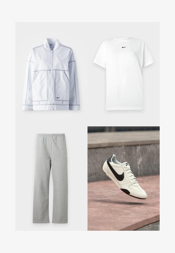 Biela bunda Nike so zipsom vpredu, vysokým golierom, výrazným prešívaním, dvoma prednými vreckami a malým čiernym logom na dolnej prednej časti.; Biele tričko s krátkym rukávom a okrúhlym výstrihom, na ktorom je malé čierne logo Nike swoosh umiestnené tesne pod výstrihom.; Svetlosivé tepláky s elastickým pásom a malým bielym logom Nike na hornej časti stehna, zobrazené na bielom pozadí.; Biela teniska Nike s čiernym logom swoosh, čiernym podpätkom a detailmi na podrážke, zavesená nad kamenným povrchom vonku.