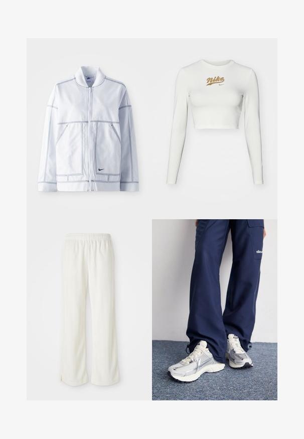 Hvid Nike jakke med lynlås fortil, høj krave, fremtrædende syninger, to frontlommer og et lille sort logo på den nederste front.; Hvid langærmet crop top lavet af glat stof, med et guld Nike-logo tryk på brystet og en klassisk rund halsudskæring.; Cremefarvede bukser med bred ben-design, lavet af letvægtsmateriale, med lodrette striber og en elastisk talje.; Nike sportssko med en sølvfarvet mesh-overdel, hvide detaljer og strukturerede såler, parret med løstsiddende navy bukser.