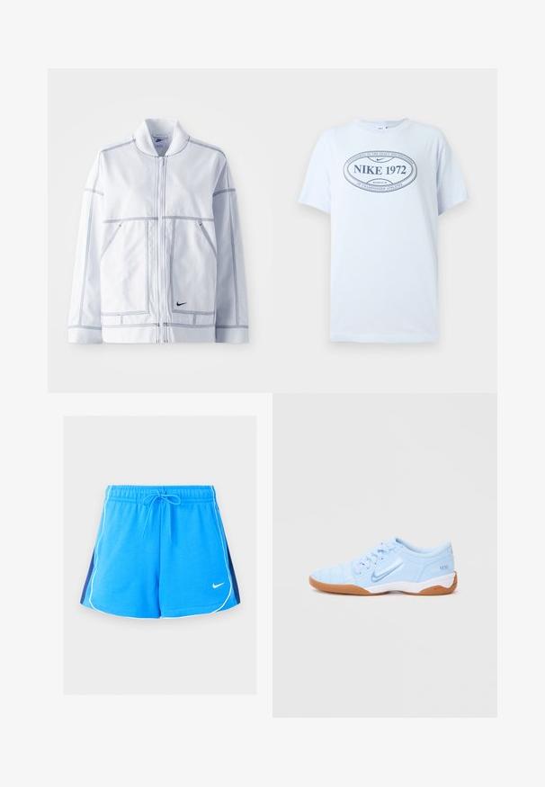 Hvid Nike jakke med lynlås fortil, høj krave, fremtrædende syninger, to frontlommer og et lille sort logo på den nederste front.; Hvid kortærmet t-shirt med navy oval logo med teksten "Nike 1972 Beaverton, OR" og "Konstrueret til de nøjagtige specifikationer af mesterskabsatleter."; Blå atletikshorts med hvide kanter langs kanterne, navyblå sidestykker, elastisk talje, snøre og lille hvid Nike-logo foran.; Lyseblå sportsko med en glat syntetisk overdel, teksturerede accenter og en gummirubber sål. Har et logo på siden.