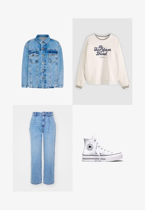Lyseblå denimjakke med klassisk krave, for-trykknapper, to brystlommer og strukturerede sømme. Har en fadet overflade og justerbare manchetter.; Lys beige sweatshirt med marineblå logo tekst, stribede ribbede manchetter og rund halsudskæring. Lavet af blødt stof med en afslappet pasform.; Lyseblå denimjeans med høj talje, brede ben og frontfolder. Har typisk syning og en knaplukning i taljen.; Hvid Converse Chuck Taylor All Star højt snøresko med sorte striber og logoemblem på siden, vist mod en ensfarvet hvid baggrund.