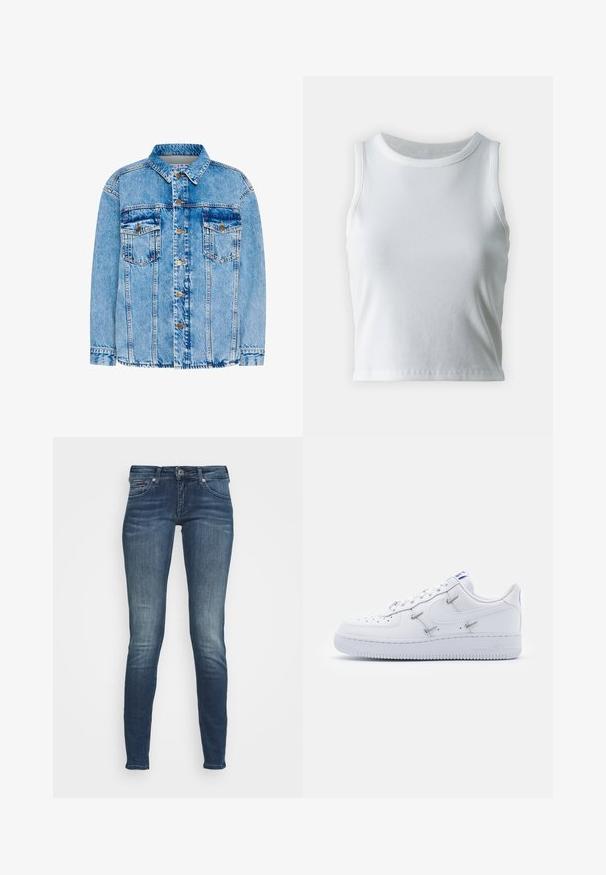 Lyseblå denimjakke med klassisk krave, for-trykknapper, to brystlommer og strukturerede sømme. Har en fadet overflade og justerbare manchetter.; Hvid ribbet tanktop med rund halsudskæring og ærmeløs design, med en lige kant og en glat, strækbar tekstur.; Mørkeblå skinny jeans med en falmet finish, fem-lomme design og metalknaplukning. Stofblanding af bomuld, glat tekstur.; Nike Sportswear AIR FORCE 1 - Sneakers - white/hyper royal/black