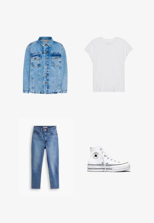 Lyseblå denimjakke med klassisk krave, for-trykknapper, to brystlommer og strukturerede sømme. Har en fadet overflade og justerbare manchetter.; Hvid kortærmet t-shirt med rund hals, afslappet pasform, lavet af blødt bomuldsstof. Glat tekstur, ingen mønstre eller logoer.; Blå højtaljede kvindejeans med frontknap og lynlåslukning, bæltestropper og fem-pockets design, flad på hvid baggrund.; Hvid højtop Converse Chuck Taylor All Star-sneaker med sort logo-patch og hvide snørebånd, vist på hvid baggrund.