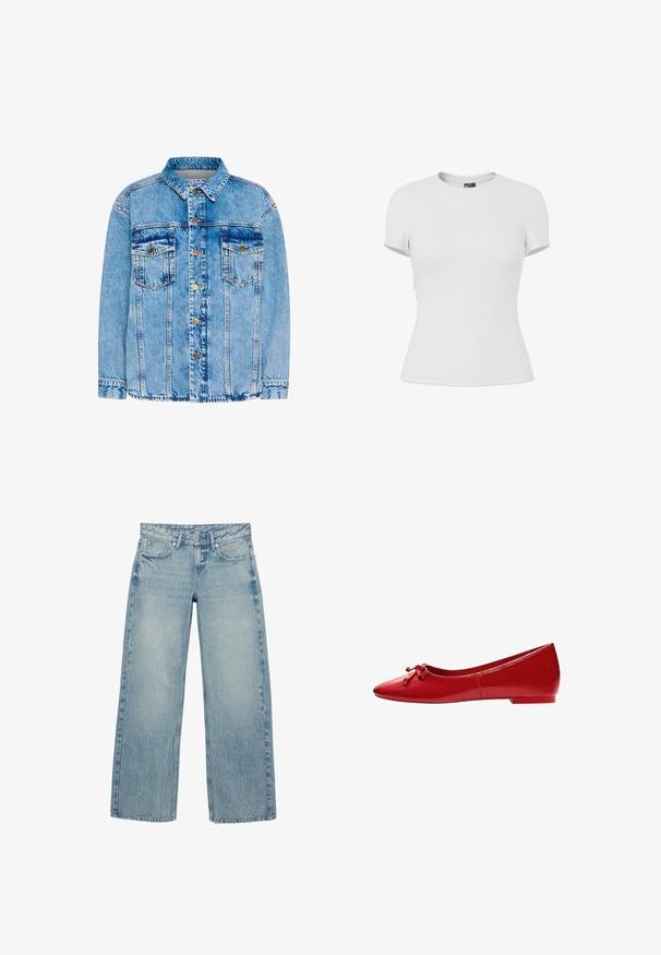 Lyseblå denimjakke med klassisk krave, for-trykknapper, to brystlommer og strukturerede sømme. Har en fadet overflade og justerbare manchetter.; Plain hvid tætsiddende T-shirt med korte ærmer og rund hals, vist på en hvid baggrund.; Lyseblå jeans med lige ben, frontknapper, bæltestropper og lommer, med en subtil falmet og krøllet denimtekstur.; Rød laklæder balletflat med en lille sløjfe på toppen og en lav hæl, vist fra siden på en hvid baggrund.
